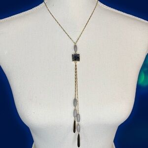 NEW Semi-Precious Gemstone Lariat Style Gray & Goldtone Necklace